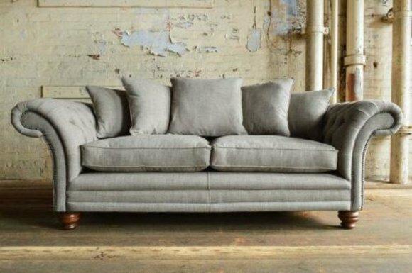 Sofa Chesterfield 3-Seater Grey Textile Upholstery Couch Wooden Feet Comfortable Sofa with Cushions New
