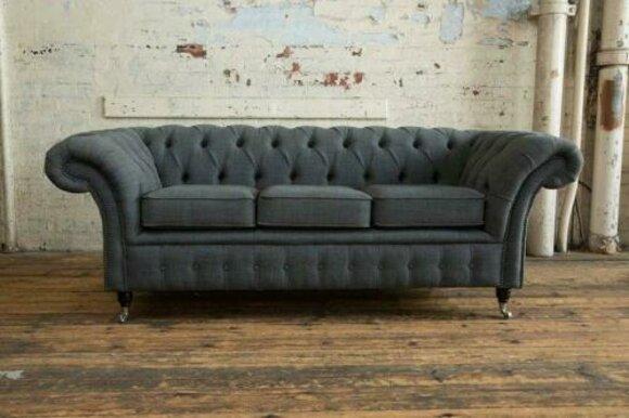 Chesterfield Sofa 3-Seater Modern Style Textile Couch Grey Cover Comfortable New on Castors
