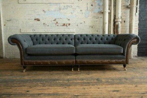 Chesterfield Sofa 4-Seater Grey Textile Upholstered Comfortable Sofa With Cushions Amazing Couch
