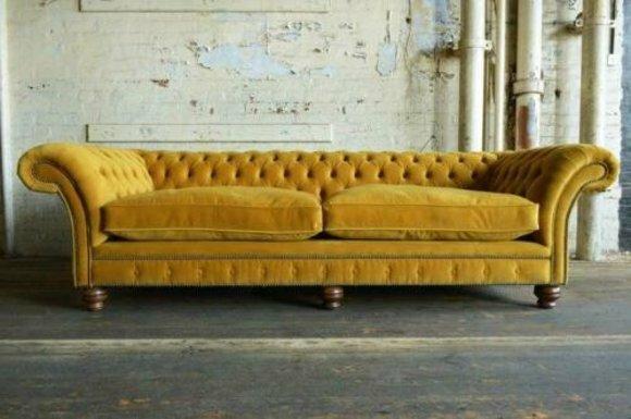 Chesterfield Sofa 4-Seater XXL Textile Yellow Velvet Upholstered Comfortable Couch With Cushions New