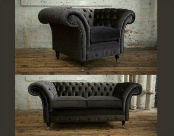 Classic Chesterfield Sofa Set 3+2+1 Seaters Grey Textile Upholstered Living Room Couch New