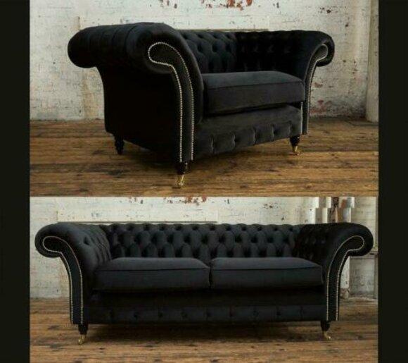 Classic Chesterfield Sofa Set 3+2+1 Seaters Textile Upholstered Grey Couches New