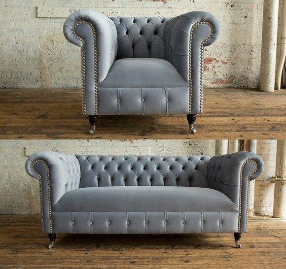 Chesterfield Premium Sofa Set 3+2+1 Seaters Grey Textile or Leather Couches on Casters New
