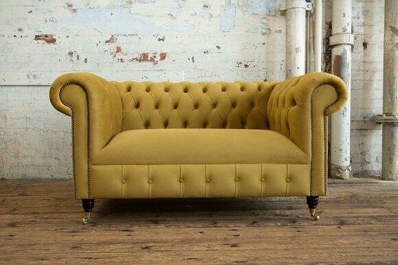Cheserfield Velvet Sofa 2 Seater Designer Couchen Couch Fabric Yellow Upholstery Textile