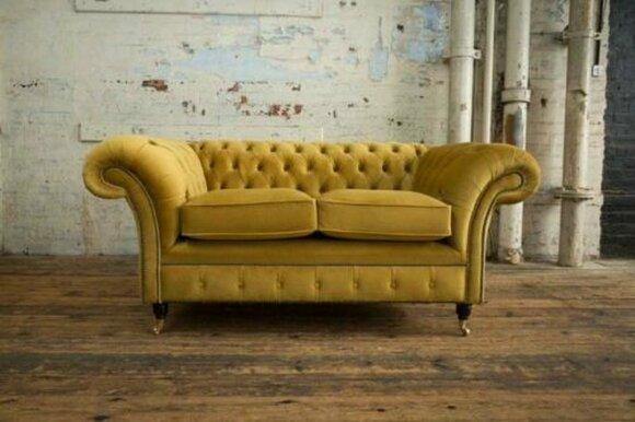 Cheserfield Velvet Sofa 2 Seater Designer Couchen Couch Textile Fabric Yellow Upholstery