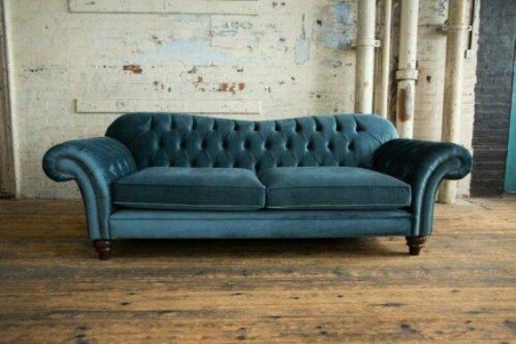 Sofa 3-Seater Chesterfield Blue Textile Classic Couch With Comfortable Cushions New