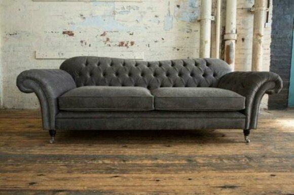 Chesterfield Sofa 3-Seater Grey Textile Royal Classic Design Comfortable Couch on Castors New