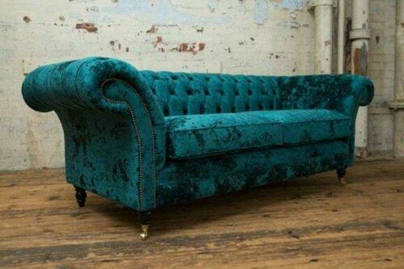 Chesterfield Sofa 3-Seater Turquoise Green Textile Upholstery Couch on Castors Comfortable New