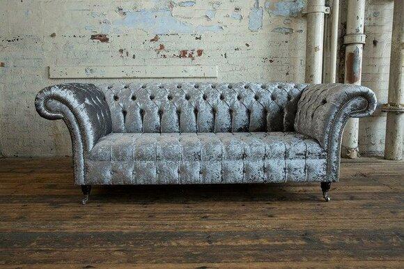 Chesterfield Sofa 3-Seater Silver Grey on Castors Textile Upholstered New Comfortable Couch