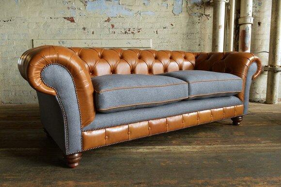 Modern Chesterfield Sofa 3-Seater Faux Leather + Textile Brown Grey Upholstery New