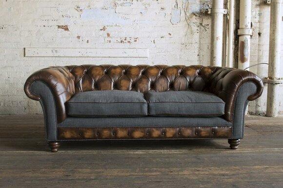 Modern Chesterfield Sofa 3-Seater Textile + Leather Upholstery Brown Grey Couch With Comfortable Cushions New