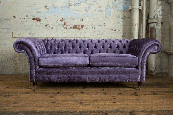 Buy Chesterfield Sofa 3-Seater Classic Purple Velvet Couch With Cushions + Casters