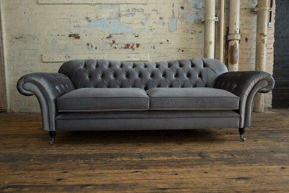Chesterfield Sofa 3-Seater Grey Textile Comfortable Cushions Amazing Couch on Castors New