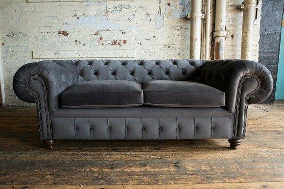 Chesterfield Sofa 3-Seater Textile Fabric Upholstered Grey Comfortable Couch With Soft Cushions