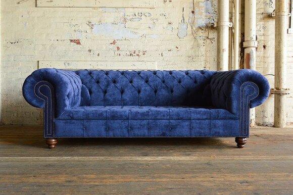 Luxurious Chesterfield Sofa 3-Seater Blue Textile Upholstery Wooden Feet New Comfortable Couch