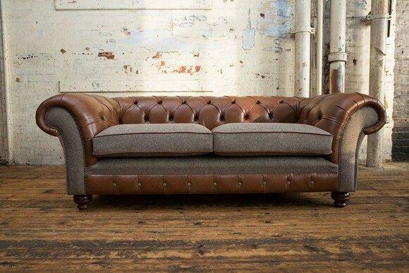 Brown 3 seater Chestrerfield leather sofa couch upholstery set textile sofas new