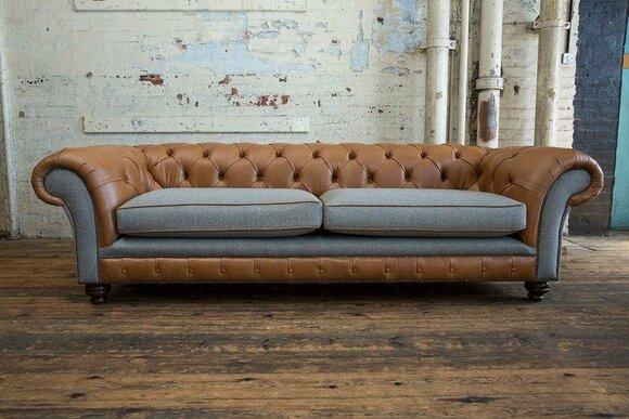 XXL Sofa 4-Seater Chesterfield With Buttons Brown Faux Leather Upholstered + Grey Textile New