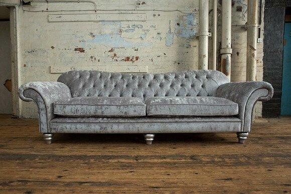 Chesterfield Sofa 4-Seater Comfortable Textile Grey Upholstery Silver Couch New