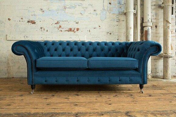 XXL sofa 3 seater couch Chesterfield upholstery seat set textile leather blue new