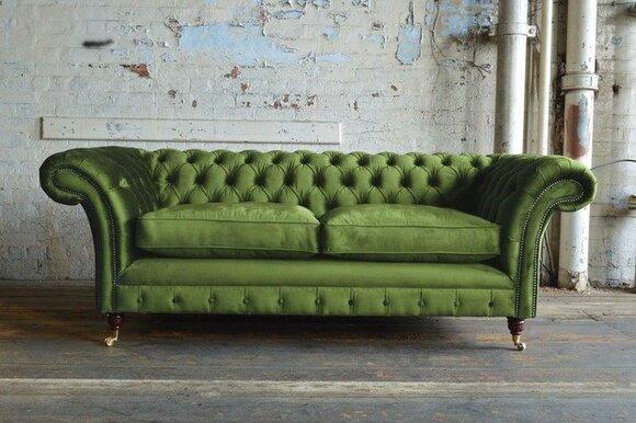 Green 3-Seater Sofa Chesterfield With Buttons Textile Fabric Upholstery Comfortable Couch on Castors New