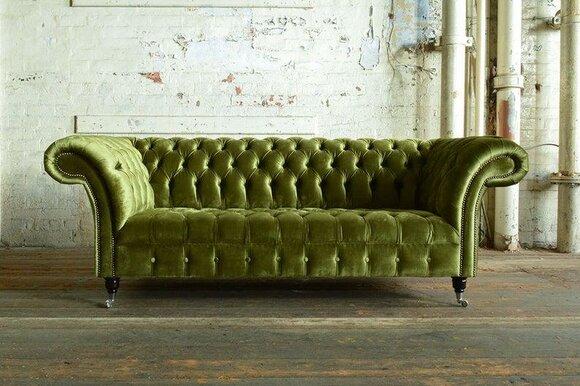 Chesterfield Sofa 3-Seater Textile Velvet Upholstery Green Colour Luxurious Couch on Castors