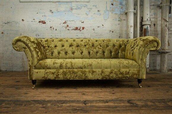 Chesterfield Sofa 3-Seater Yellow Textile Fabric Cosy Couch With Castors New