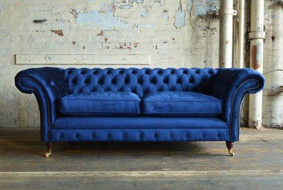Premium Chesterfield Sofa 3-Seater Lavish Blue Textile Upholstery Couch on Castors Wheels New