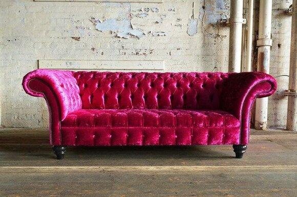 Chesterfield Luxurious Sofa 3-Seater Bright Pink Textile Upholstery Couch with Buttons New