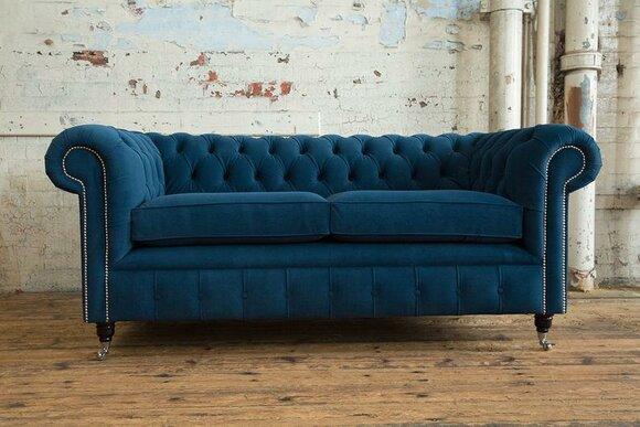 Blue Chesterfield couch textile upholstery seat set sofa fabric sofas 3 seater