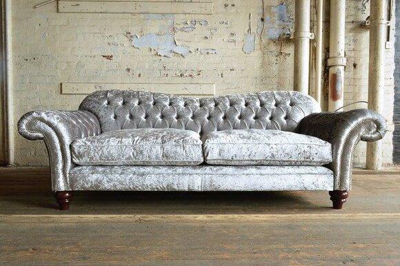 Chesterfield Sofa 3-Seater Silver Grey Velvet / Textile Couch Comfortable Classic Sofa New