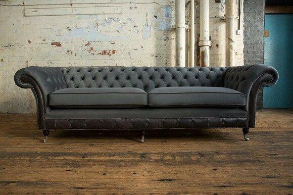 Chesterfield Sofa 4-Seater Grey With Soft Cushions Textile Upholstered Comfortable Couch New