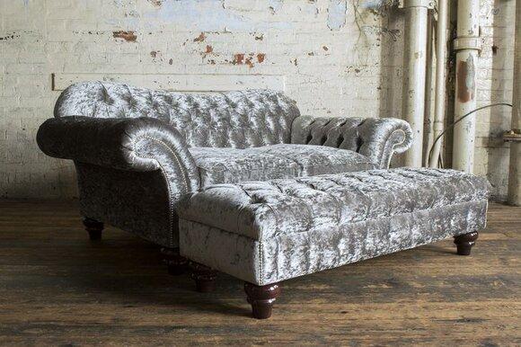 Chesterfield Sofa Set 2-Seater + Footstool Long Ottoman Silver Grey Textile New