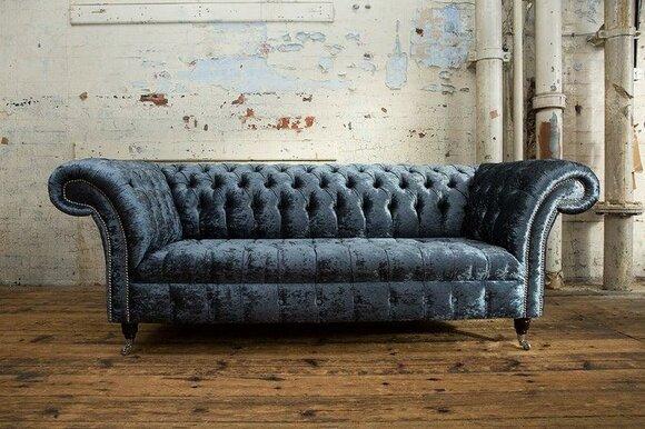 Chesterfield 3-Seater Sofa Textile Upholstered Dark Grey Comfortable on Castors New