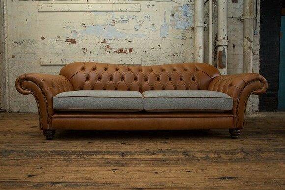 Chesterfield Sofa Classic Design 3-Seater Brown Faux Leather Comfortable With Textile Cushions New