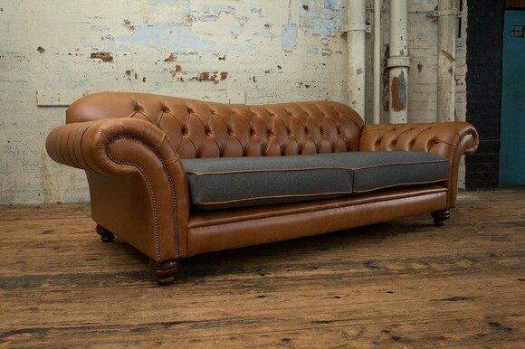 Modern Leather Sofa 3-Seater With Cushions Brown + Grey Couch Comfortable Sofa New