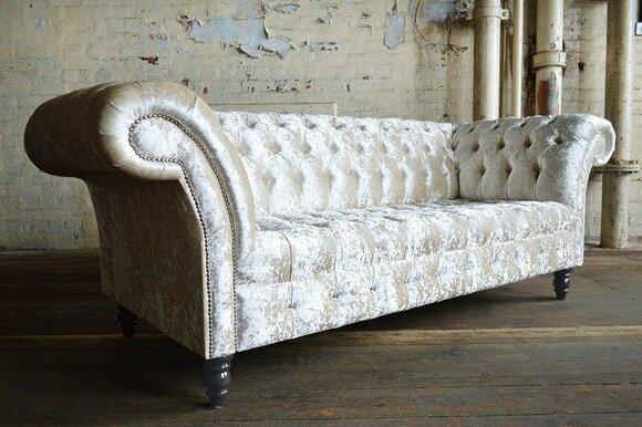 Chesterfield 3-Seater Sofa Textile Luxurious Classic Style Silver Beige Wooden Feet Comfortable New