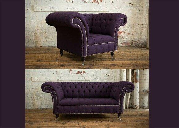 Sofa Set 2+1 Seaters Modern Chesterfield New Purple Textile Comfortable Couches on Casters New