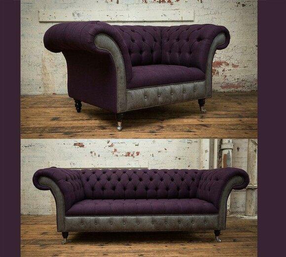 Chesterfield Sofa Set 3+1 Seaters Purple Textile Fabric Comfortable Couches on Casters New