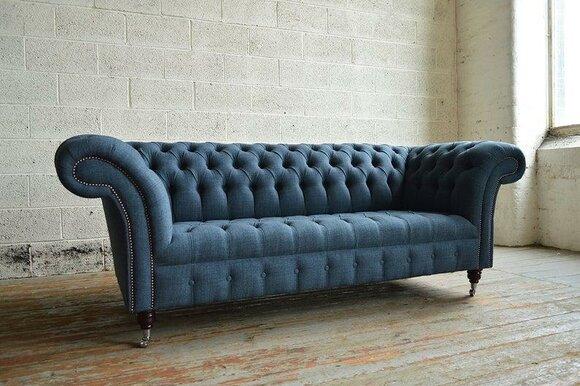 Chesterfield Couch Textile 3 Seater XXL Big Sofa Couchen Big New Upholstery Blue