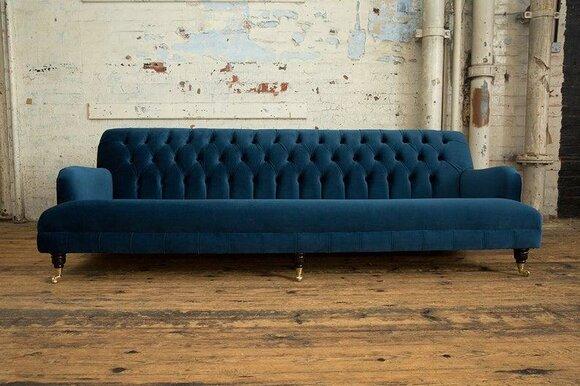 Blue Chesterfield Couch Textile 4 Seater XXL Big Sofa New Velvet Upholstered Comfortable