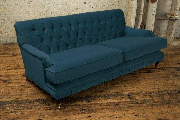 Chesterfield Modern Sofa 3-Seater Blue Textile Comfortable with Cushions + Castors New