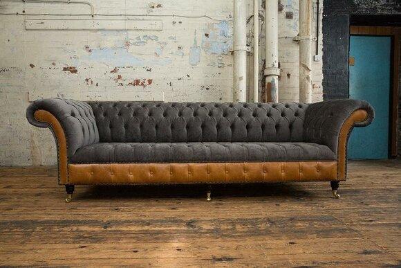 Sofa 4-Seater Sofa Chesterfield With Buttons Grey Brown Textile Upholstered New