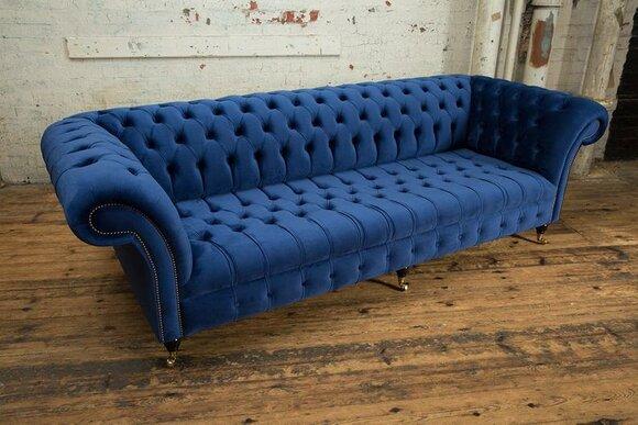 Chesterfield Sofa XXL 4-Seater On Casters Textile Blue Comfortable Modern Living Room Sofa