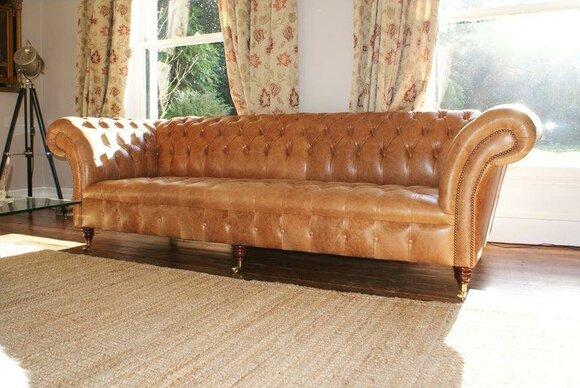 Chesterfield Sofa 4-Seater Big XXL Couch Brown Faux Leather on Casters Comfortable