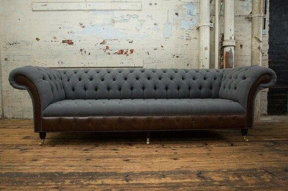 Chesterfield Sofa 4-Seater Couch XXL Textile Grey Upholstered Beautiful Sofa With Great Comfort