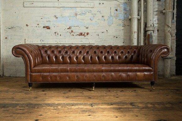 Chesterfield 4-Seater Sofa Classic Brown Couch Faux Leather Comfortable with Casters New