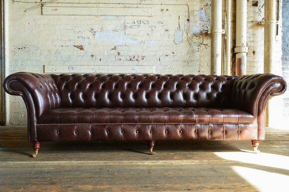 Sofa 4-Seater XXL Chesterfield Faux Leather Brown Timeless Classic Design on Casters New