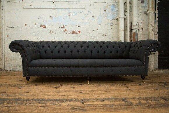 Chesterfield Sofa 4-Seater Dark Grey On Casters Textile Upholstered New Sofas