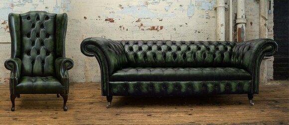 Chesterfield Classic Sofa Set 3-Seater + Armchair 1-Seater Green Faux Leather New