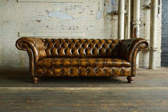 Classic Chesterfield Sofa 3-Seater Shiny Faux Leather Brown With Buttons Comfortable Couch New